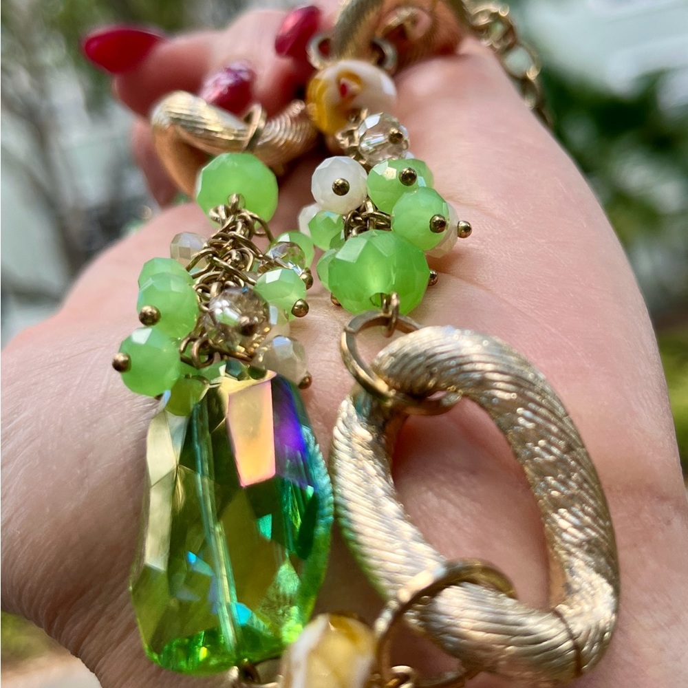 Vintage Gold Link Green Glass Necklace Jewelry Beads Cocktail Y2K Statement Rare - Picture 14 of 14